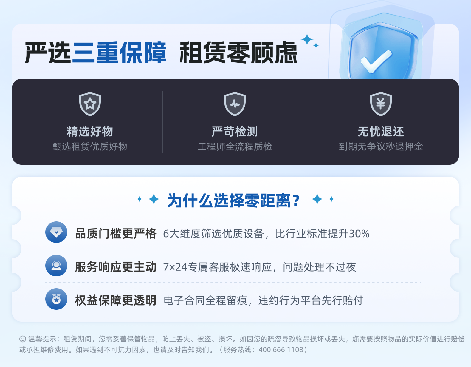 零距离租赁网严选三重保障 租赁零顾虑 精选好物 严苛检测 无忧退款 优选零距离租赁网